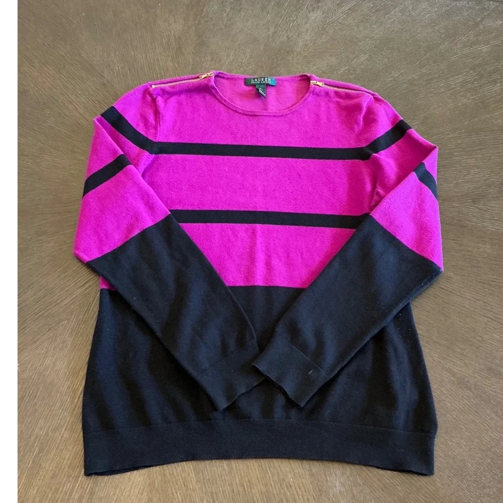 Lauren Ralph Lauren XL Pink Black Striped Gold Zip Shoulder Pullover Sweater
